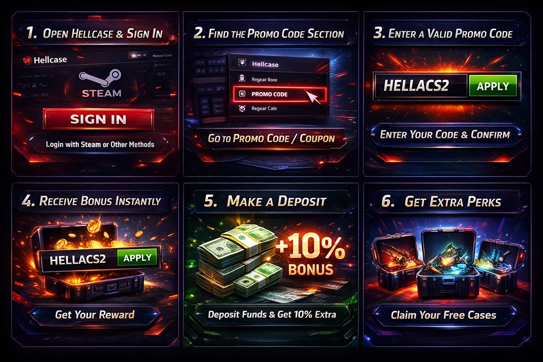 Open Hellcase and sign in. Go to the website and click the Sign In button in the top corner. Log in using your Steam account or another supported method.